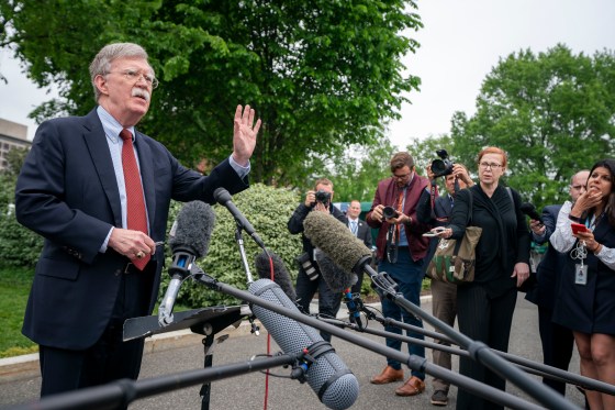 White House National Security Advisor Ambassador John Bolton talks to reporters Wednesday, May 1, 2019, outside the West Wing entrance of the White House. (Official White House Photo by Tia Dufour)